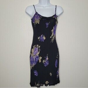 Vintage y2k 90s black purple floral witchy whimsigoth lined dress size S FLAW
